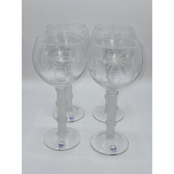 Wells Hand Blown Frosted Bamboo Stem Etched Palm Trees Wine Glasses 8.75" Set 4 - Picture 1 of 6